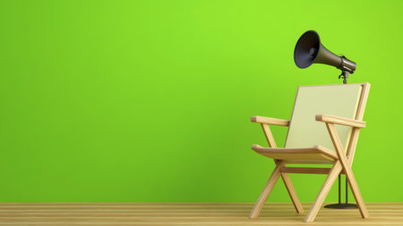 A stylish wooden chair paired with a black megaphone on a bright green wall, perfect for creative projects and modern interior aesthetics, blending minimalism with vibrant energy.の素材