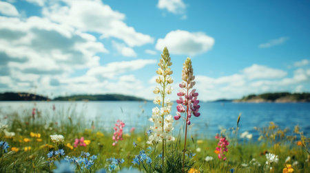 A serene landscape featuring vibrant wildflowers in the foreground against a tranquil lake under a sunny blue sky with fluffy clouds, perfect for nature enthusiasts.の素材