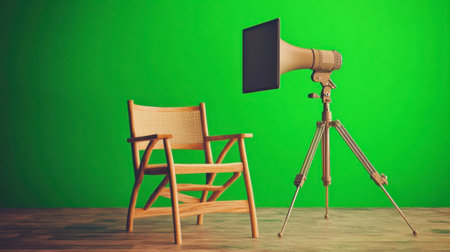 This stock image features a stylish director's chair next to a vintage megaphone on a tripod, with a bright green screen background ideal for film and video production projects.の素材