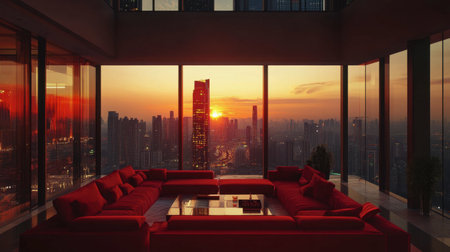 Experience a breathtaking sunset view from a chic high-rise apartment, showcasing a stylish red couch and an impressive city skyline illuminated by warm evening light.の素材