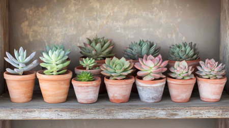 A beautiful arrangement of various succulent plants in terracotta pots on a wooden shelf, perfect for indoor decoration and adding a touch of greenery to any space.の素材