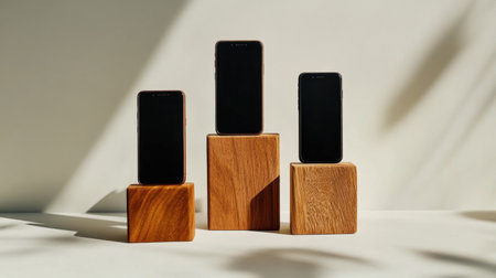 Three sleek smartphones are positioned on wooden blocks against a light background, creating a minimalist and stylish composition that highlights modern technology and design aesthetics.の素材