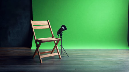 A wooden folding chair is positioned next to a spotlight on a vibrant green backdrop in a modern studio, perfect for creating striking visual content and photography settings.の素材