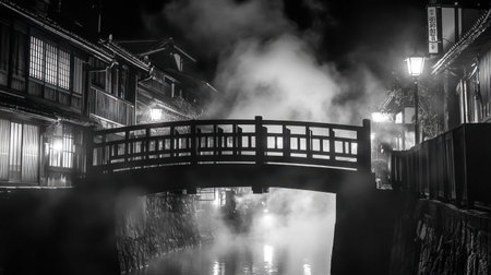 A captivating monochrome image of a traditional Japanese bridge enveloped in fog at night, accented by warm lantern light, showcasing the serene beauty of historic architecture.の素材