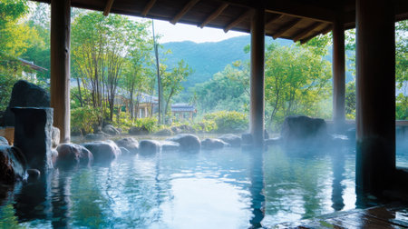Experience the calming atmosphere of a natural hot spring, surrounded by lush greenery and rocky formations, perfect for relaxation and rejuvenation in a tranquil setting.の素材