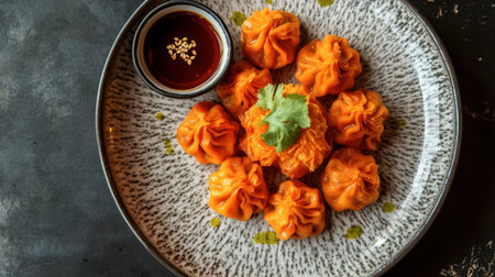 A stunning display of vibrant orange dumplings elegantly arranged on a textured plate with a side of savory sauce, perfect for showcasing culinary culture and flavors.の素材