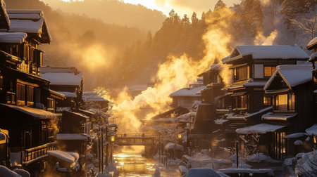 A stunning view of a traditional Japanese village covered in snow during a golden sunrise, featuring steaming hot springs and a peaceful winter atmosphere, perfect for relaxation.の素材