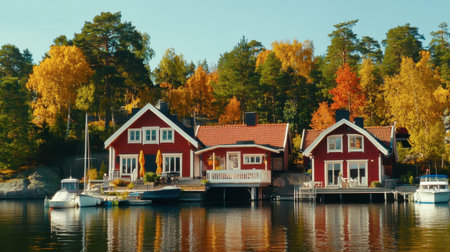 Captivating autumn landscape featuring charming red wooden houses along a tranquil lake, with vibrant fall colors and peaceful reflections on the water. Perfect for travel themes.の素材