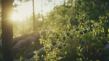 A beautiful scene showcasing wild blueberry bushes bathed in warm sunlight, encapsulating the tranquil beauty of a forest at dawn. Perfect for nature-themed projects.の素材
