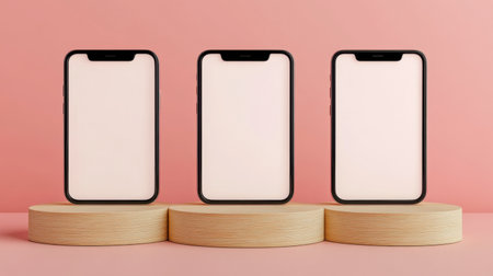 A stylish and minimalistic arrangement of three smartphones on circular wooden stands, featuring blank screens against a soft pink background, ideal for marketing and creative projects.の素材