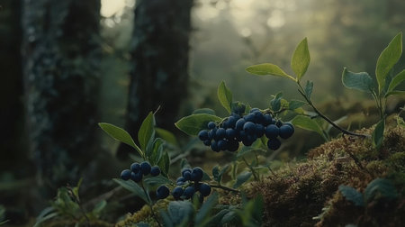 A beautiful close-up of blueberries in a serene forest, showcasing vibrant plants thriving in soft moss with sunlight filtering through the trees. Perfect for nature-themed projects.の素材