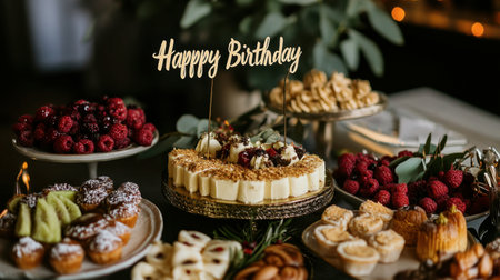 A beautifully arranged birthday dessert table featuring an elegant cake, colorful raspberries, and assorted pastries, creating a warm and festive atmosphere for joyful gatherings.の素材