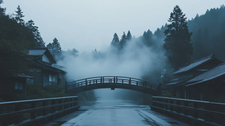 A captivating misty scene showcasing a traditional Japanese bridge over still waters, surrounded by lush trees and historical buildings, perfect for evoking tranquility and nostalgia.の素材
