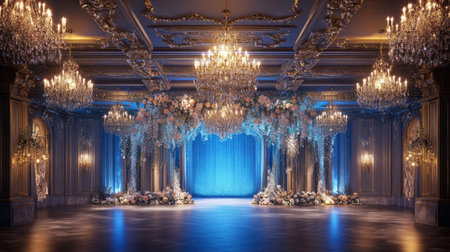 A luxurious grand ballroom featuring beautiful chandeliers, floral arrangements, and stunning blue stage curtains, perfect for weddings and elegant events.の素材