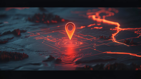 This captivating digital artwork features a vibrant map with a glowing location pin, set against an abstract landscape, perfect for exploring navigation and technology themes.の素材