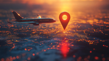 A stunning aerial view of an airplane flying over a city during sunset, highlighted by a colorful sky and a location pin symbolizing travel and navigation.の素材