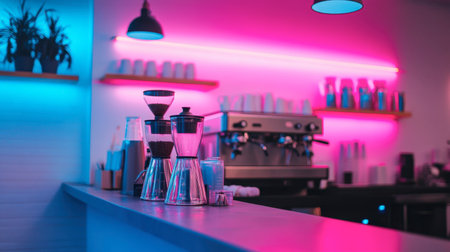 A vibrant coffee shop interior with striking neon lights and modern brewing equipment that creates an inviting space for coffee lovers to enjoy a unique cafの素材