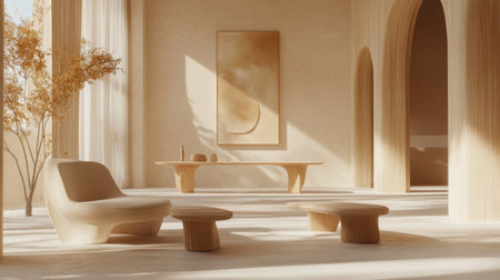 Explore a captivating minimalist interior with smooth curves and soft light. This serene space invites relaxation and creativity through its elegant design and neutral colors.の素材
