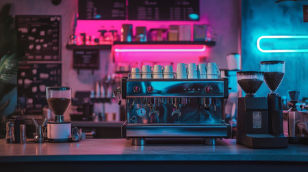 A stylish cafe interior featuring a modern espresso machine alongside a coffee grinder, illuminated by vibrant neon lighting to create an inviting atmosphere.の素材