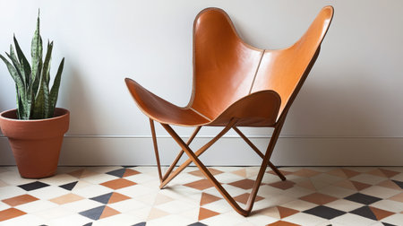 A stylish leather butterfly chair sits elegantly in a contemporary living space, beautifully complemented by geometric floor tiles and a vibrant potted plant, showcasing modern decor.の素材
