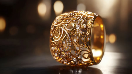 Discover an exquisite gold ring featuring a detailed floral design adorned with sparkling diamonds, ideal for those seeking elegance and luxury in jewelry.の素材