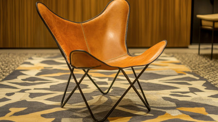 A stylish brown leather butterfly chair sits gracefully on a patterned rug, creating a warm and inviting atmosphere in a chic modern interior. Perfect for enhancing any space.の素材