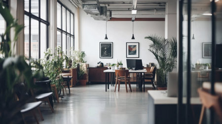 Bright and inviting modern office featuring lush greenery, stylish furniture, and ample natural light, creating an inspiring workspace for creativity and productivity.の素材