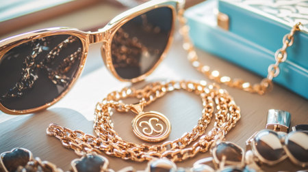 Discover an elegant arrangement of stylish accessories, including gold jewelry, chic sunglasses, and a trendy handbag, beautifully displayed in soft lighting.の素材