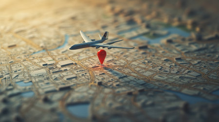An airplane hovers above a detailed city map, with a striking red location pin indicating a specific destination, capturing the essence of travel and exploration in urban landscapes.の素材