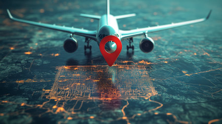 Visualize the intersection of air travel and technology as an airplane descends over a city map highlighted by a geolocation pin, symbolizing modern exploration and navigation.の素材