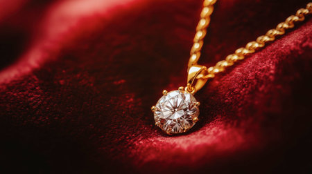 A stunning gold necklace featuring a brilliant diamond pendant showcased on a luxurious velvet background, capturing elegance and sophistication in a rich burgundy hue.の素材