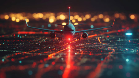 Captivating image of an airplane on a runway at night with vibrant city lights in the background, symbolizing the excitement of modern air travel and urban connectivity.の素材