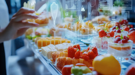 A visually appealing dessert display featuring various pastries, fruits, and a digital overlay showcasing food analytics, perfect for modern dining experiences.の素材