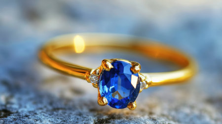 A stunning gold ring featuring a vibrant blue gemstone surrounded by delicate diamonds, perfect for showcasing luxury and elegance in jewelry photography.の素材