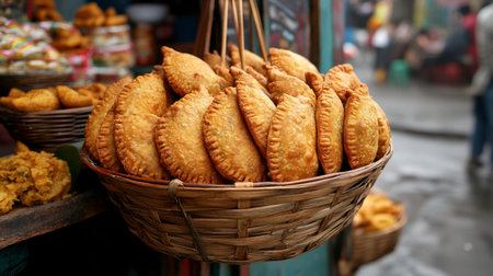 A close-up of a basket filled with crispy golden pastries. This image embodies the lively atmosphere of a local street market, perfect for food enthusiasts.の素材
