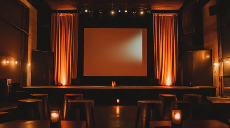 A serene film theater featuring a large blank screen and warm ambient lights, creating an inviting atmosphere perfect for events, screenings, and gatherings.の素材