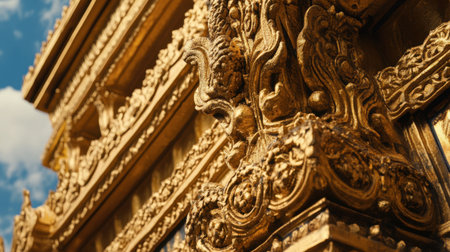 Captivating close-up of a golden architectural detail showcasing intricate craftsmanship and ornate patterns, set against a brilliant blue sky for a stunning visual impact.の素材