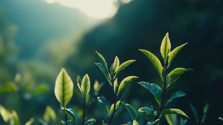 Captivating close-up of fresh green tea leaves illuminated by the gentle sunlight, showcasing the essence of nature's beauty and the importance of organic farming practices.の素材