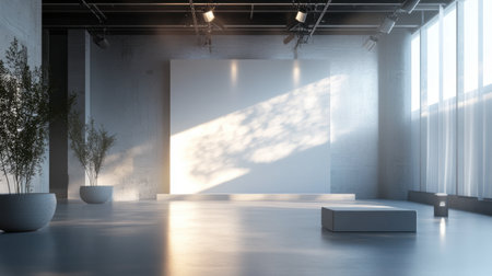 Bright and airy minimalistic gallery interior featuring an empty display area, plants in pots, and natural light creating a serene and spacious ambiance. Perfect for art and photography.の素材