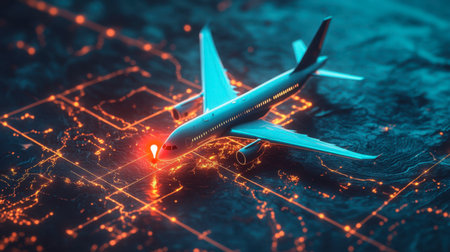 A stunning aerial view showcases an airplane flying above a vibrant city at night, with illuminated streets and glowing urban landscapes creating a captivating travel scene.の素材