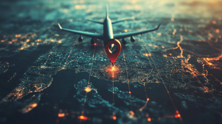 This captivating image showcases an airplane flying over a city at night with a bright location pin, symbolizing travel and navigation in a modern digital landscape.の素材