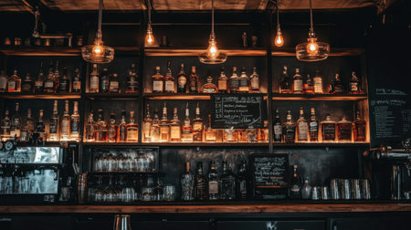 A cozy bar scene featuring vintage whiskey bottles on neatly arranged shelves, illuminated by warm lights, creating an inviting atmosphere for social gatherings and relaxations.の素材