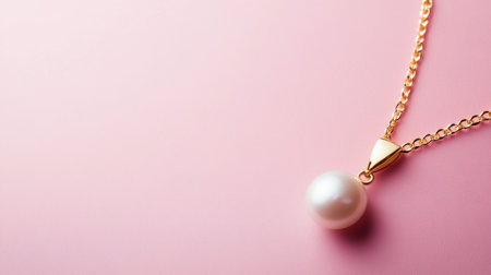 Stunning gold necklace with a beautiful pearl pendant set against a soft pink backdrop, ideal for showcasing elegance and style in fashion and jewelry marketing.の素材