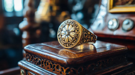 A stunning vintage ring featuring a floral design, elegantly placed on a wooden surface, capturing the essence of antique artistry and fine craftsmanship.の素材