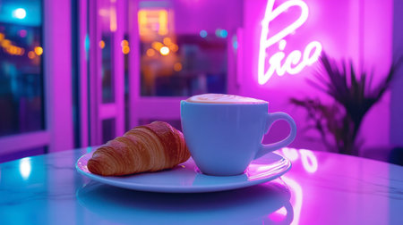 A warm coffee in a stylish mug alongside a flaky croissant sits on a plate, set against a glowing neon backdrop, perfect for a cozy morning in a chic cafの素材