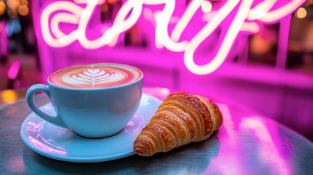 Experience a delightful morning with a steaming latte featuring a beautiful heart design, paired with a flaky croissant amidst vibrant neon lights. Perfect for relaxation.の素材