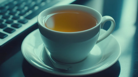 A peaceful scene featuring a warm cup of tea on a white saucer, adjacent to a laptop on a sleek table, perfect for an inspiring work setting or a calm break.の素材