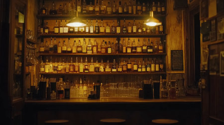 Discover a cozy bar scene featuring a warm ambiance with bottles neatly arranged on rustic shelves, creating the perfect space for drinks and socializing with friends.の素材