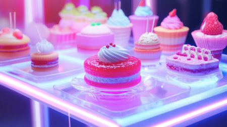 A vibrant array of colorful cakes, cupcakes, and pastries is beautifully displayed in a neon-lit environment, creating a festive and inviting atmosphere for dessert lovers.の素材