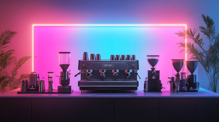 A vibrant and modern coffee bar setup featuring an espresso machine and an array of coffee equipment under stunning neon lighting, creating a chic atmosphere perfect for any cafの素材